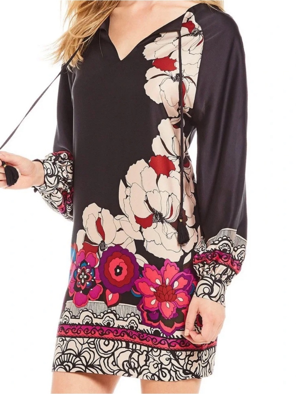 Trina Turk Black Mini Dress with Pink, Cream & Red Floral Border